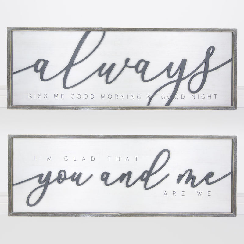 reversible wood framed wall art featuring you & me displayed in a styled home interior.