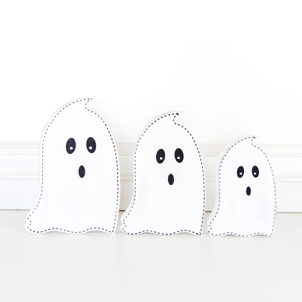 5" X 8", 5" X 7", 4" X 6" X 1" Wood Cutout Ghosts Set Of Three, White/Black