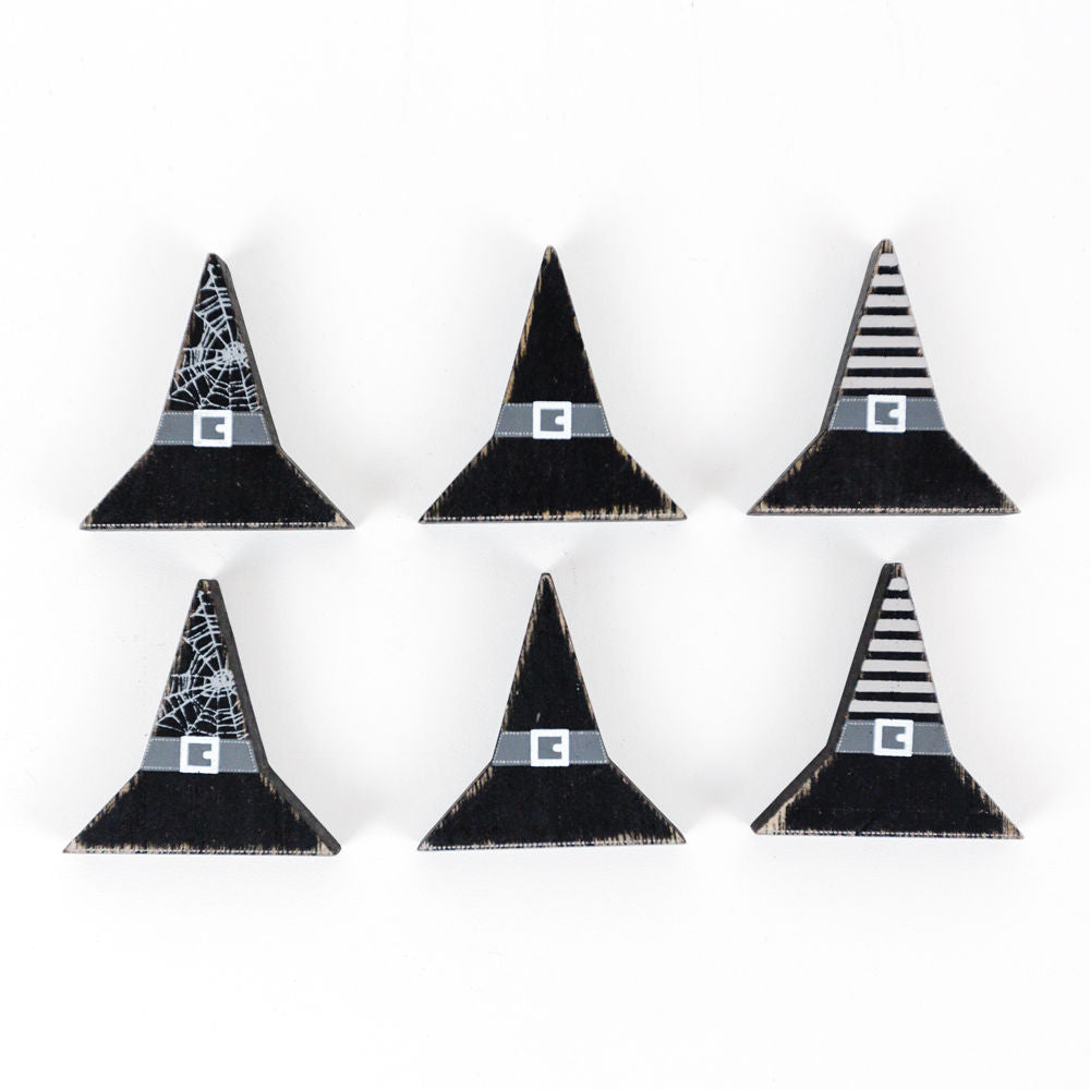 1.5" X 1.75"X .25" Wood Shape Set of 6 (Witch Hats) Black/Gray/White