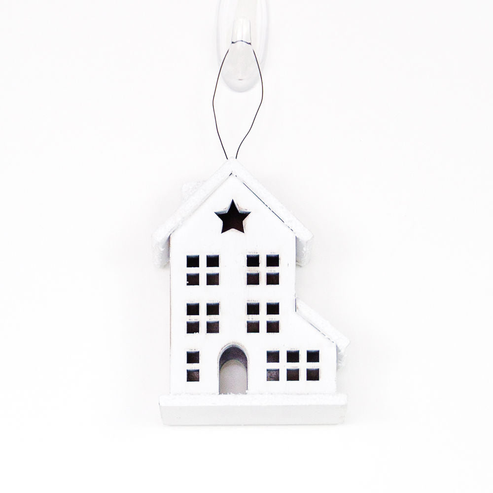 Wood Ornament Set of 4 - Village | White | Sizes 7", 5", 3.75" and 2.5"