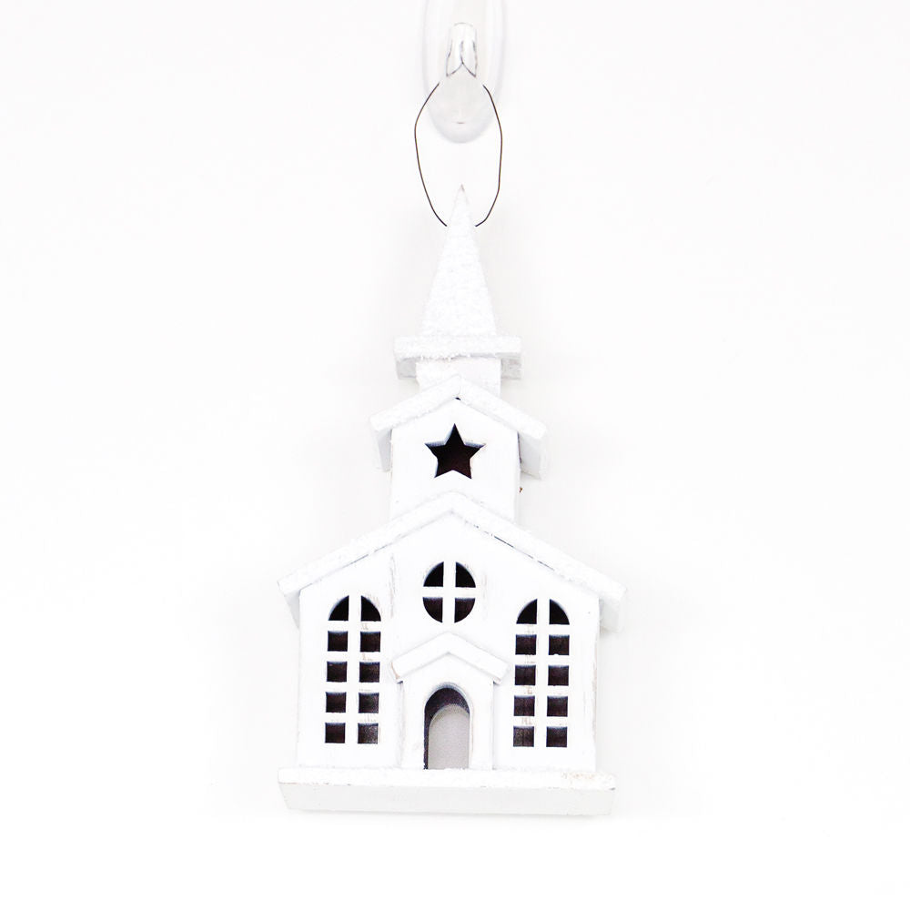 Wood Ornament Set of 4 - Village | White | Sizes 7", 5", 3.75" and 2.5"