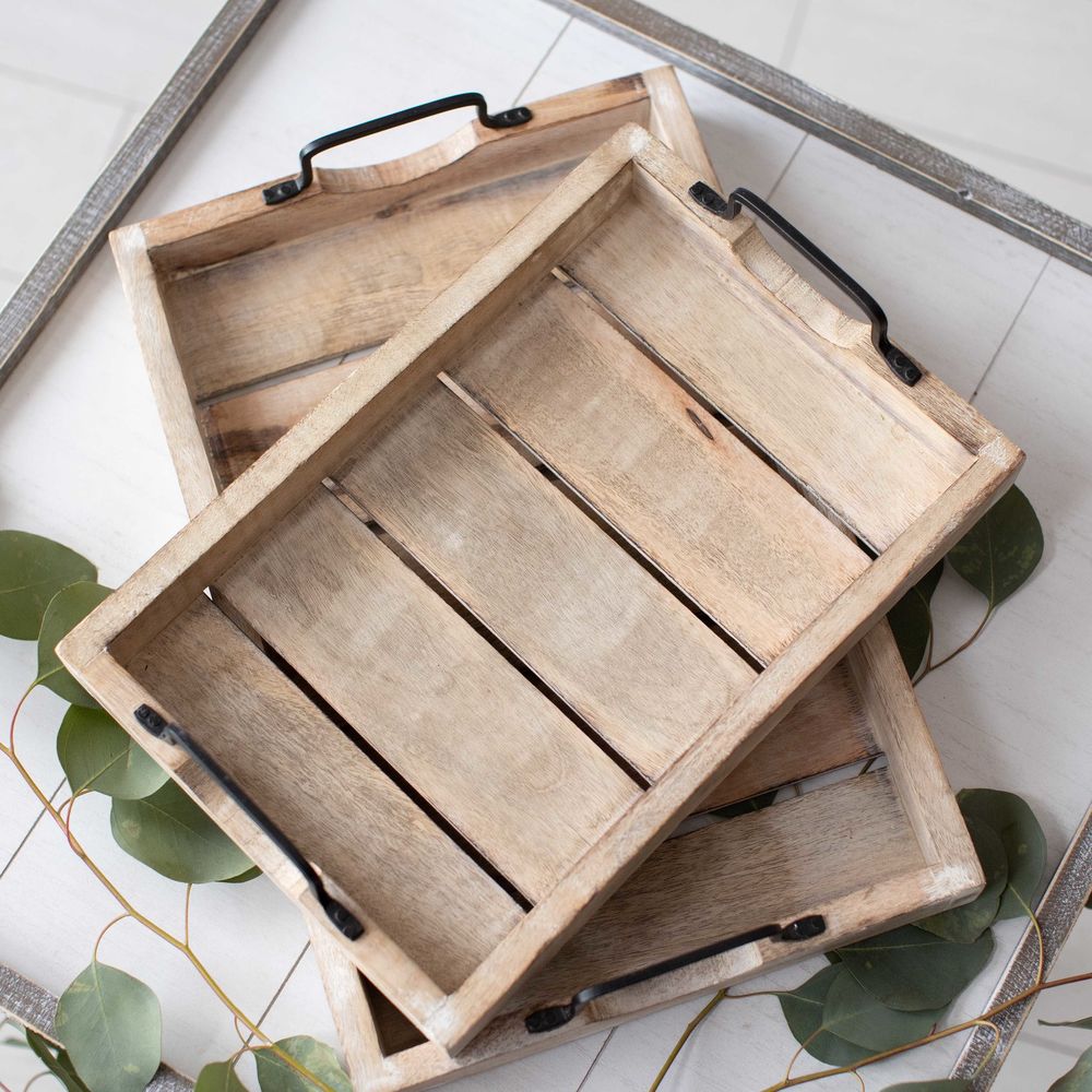 Mango Wood Nested Trays - Natural and White (Set of 2)