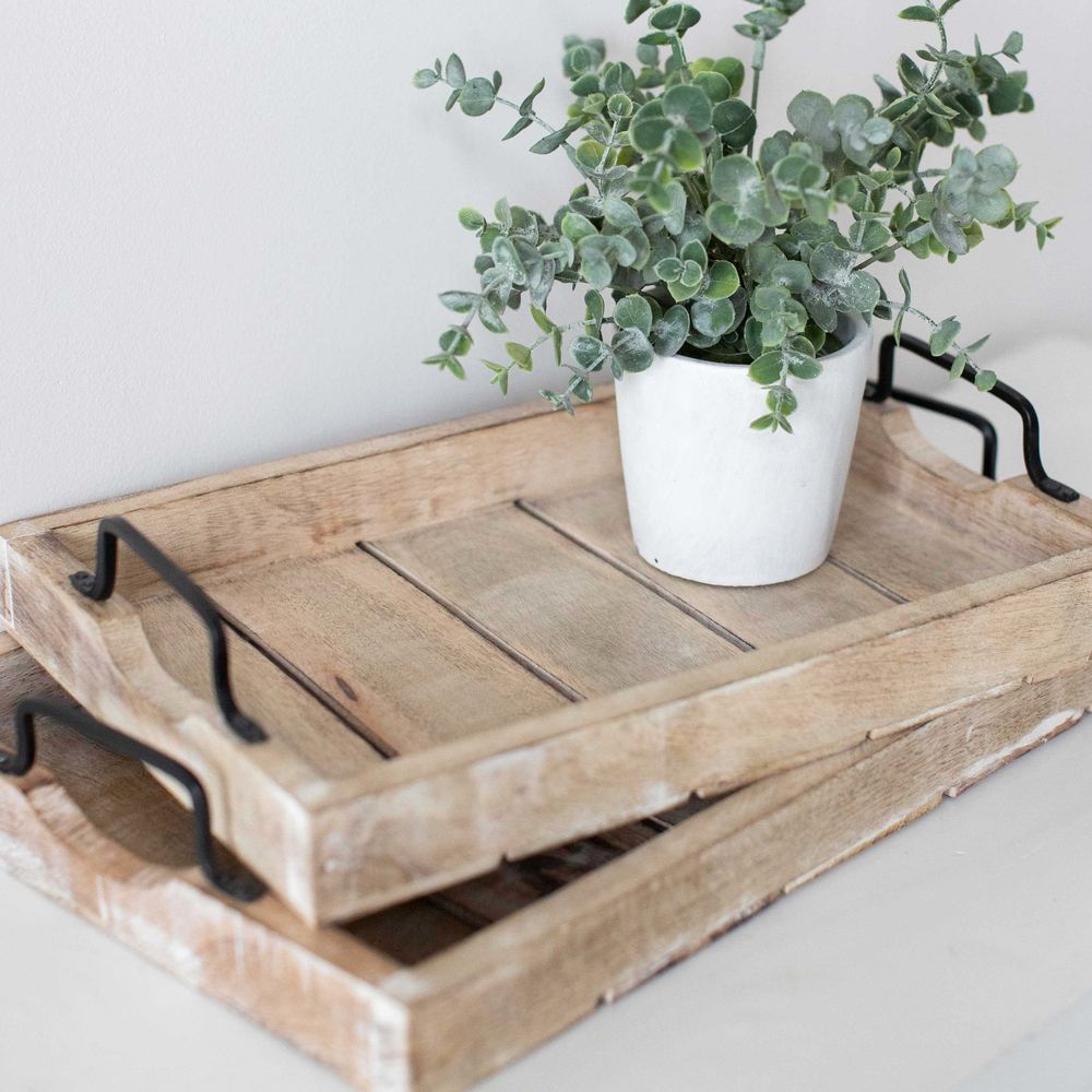 Mango Wood Nested Trays - Natural and White (Set of 2)