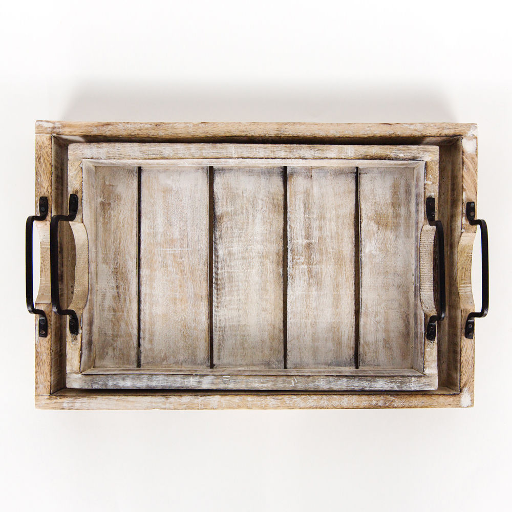 Mango Wood Nested Trays - Natural and White (Set of 2)