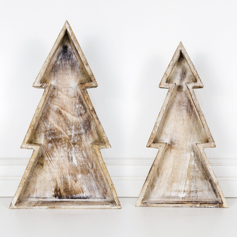 19.5", 17.5" Mango Wood Cutout Nested Trays Set of 2 (Christmas Trees) White