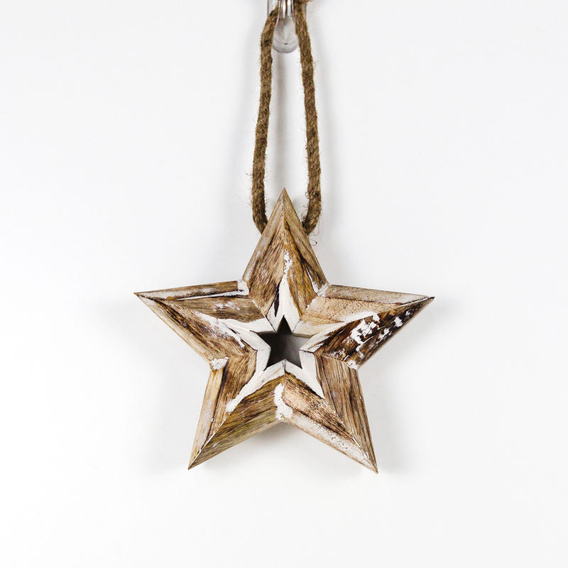 8" X 8" X 1.75" Mango Wood Hanging Star, White