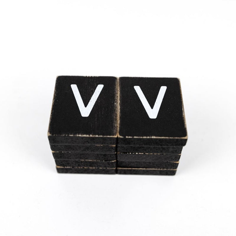 1.5" X 1.75" X .25" Wood Letter Tile Set of 10 (V) Black/White