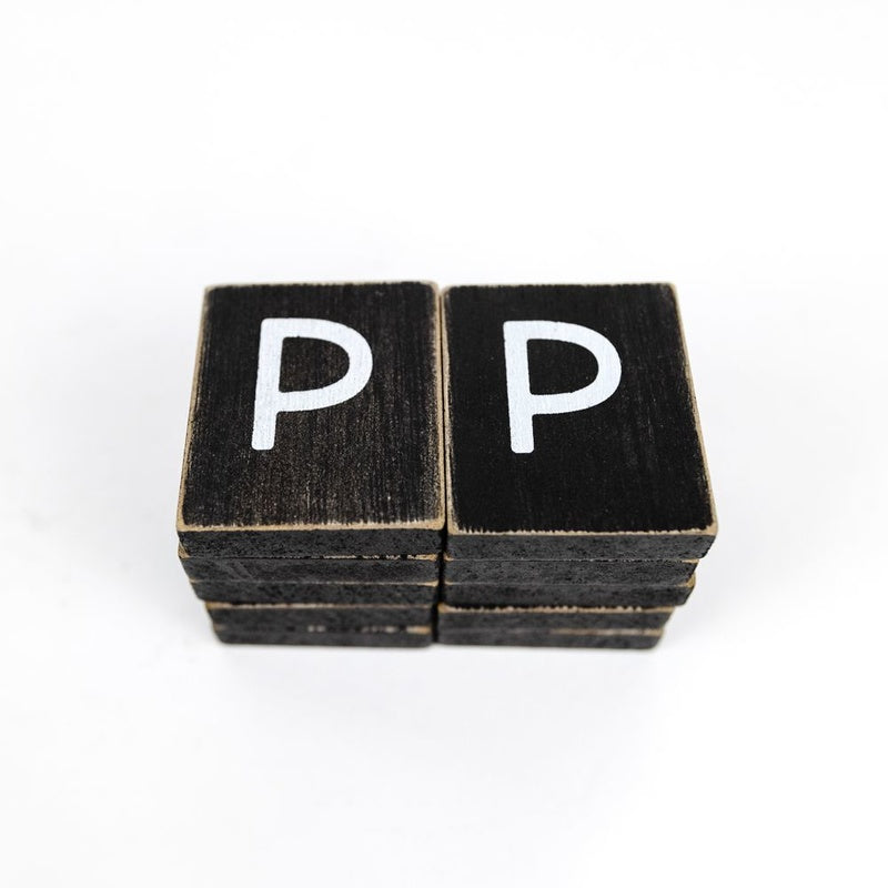 1.5" X 1.75" X .25" Wood Letter Tile Set of 10 (P) Black/White