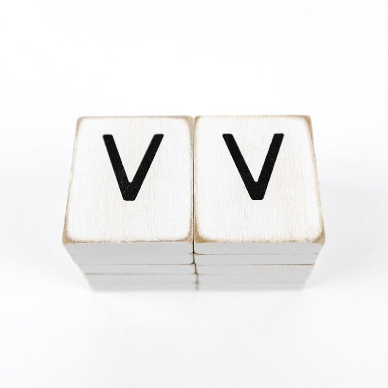 1.5" X 1.75" X .25" Wood Letter Tile Set of 10 (V) White/Black