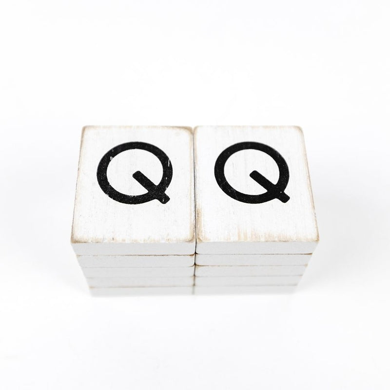 1.5" X 1.75" X .25" Wood Letter Tile Set of 10 (Q) White/Black