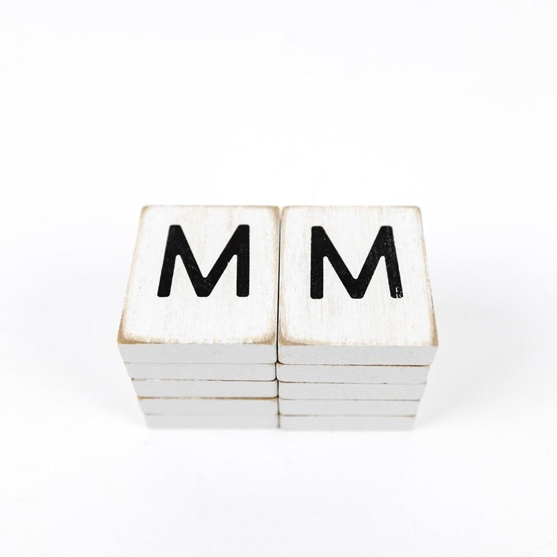 1.5" X 1.75" X .25" Wood Letter Tile Set of 10 (M) White/Black