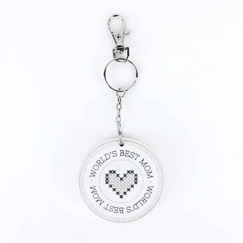 2" Reversible Wood Keychain - World's Best Mom | White and Gray
