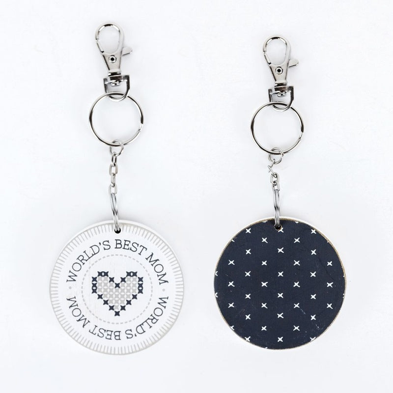 2.25" X 2.25" X .25" Reversible Wood Keychain (World's Best Mom) White/Gray