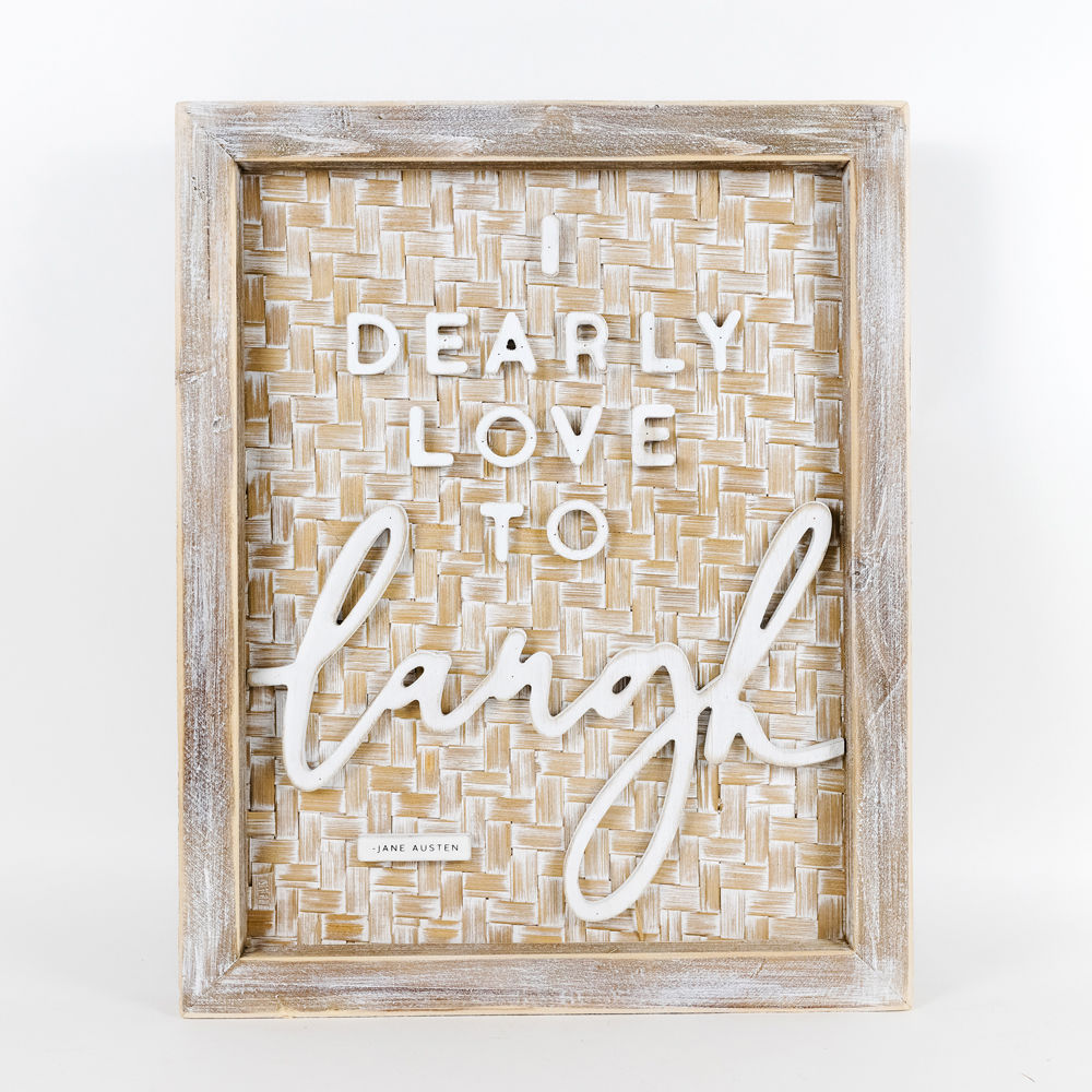 Laugh bamboo wood framed wall art in white, brown and natural tones.