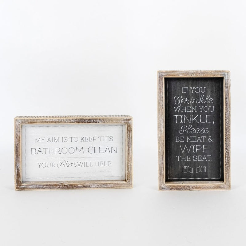 10" X 6" X 1.5" Reversible Wood Framed Sign (Sprinkle When You Tinkle/Aim Is To Keep) White/Gray