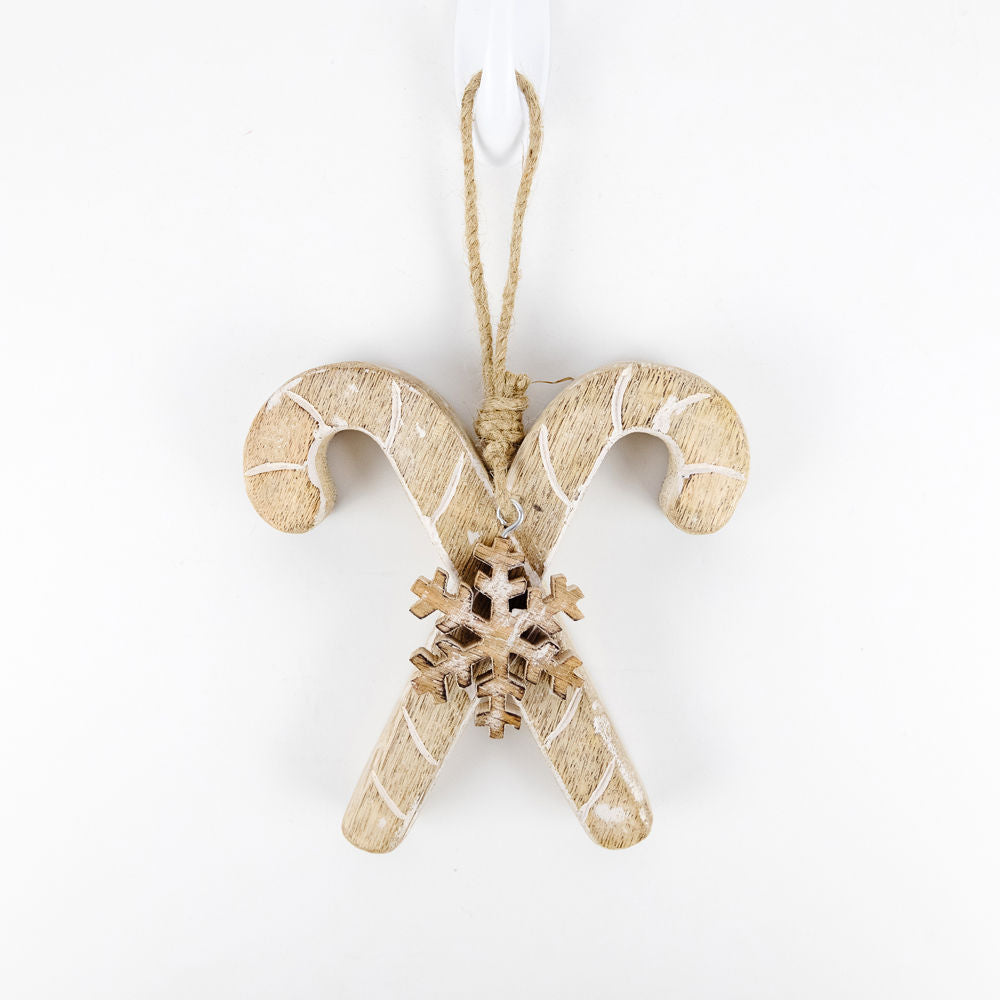 6" Mango Wood Ornament - Candy Cane | Natural White
