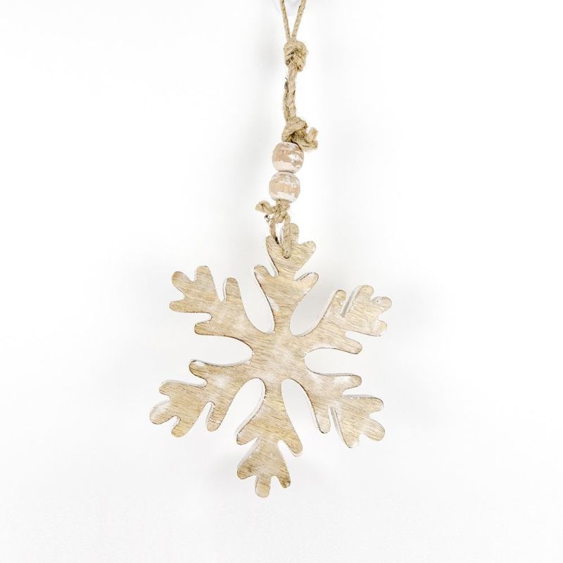 5" X 5" X .5" Mango Wood Ornament (Snowflake) Natural/White