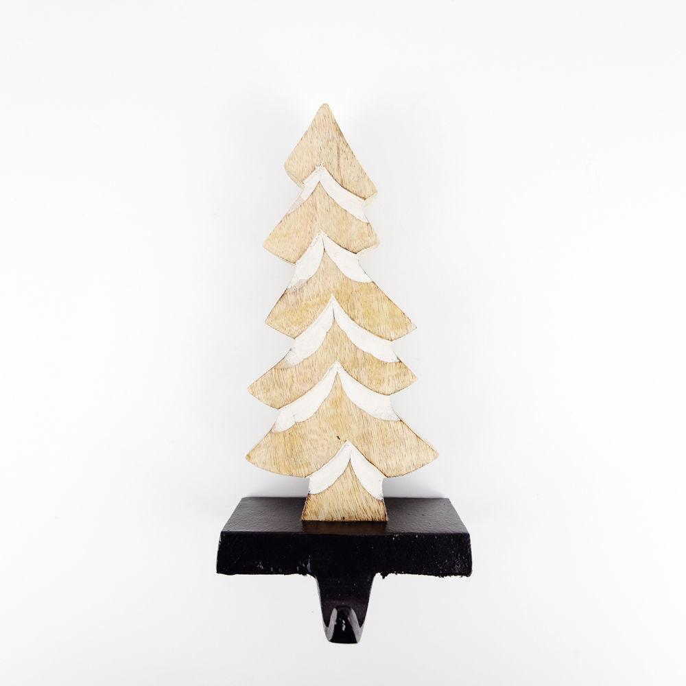 5" X 10.5" X 4" Mango Wood Stocking Holder (Tree) Natural/White/Black