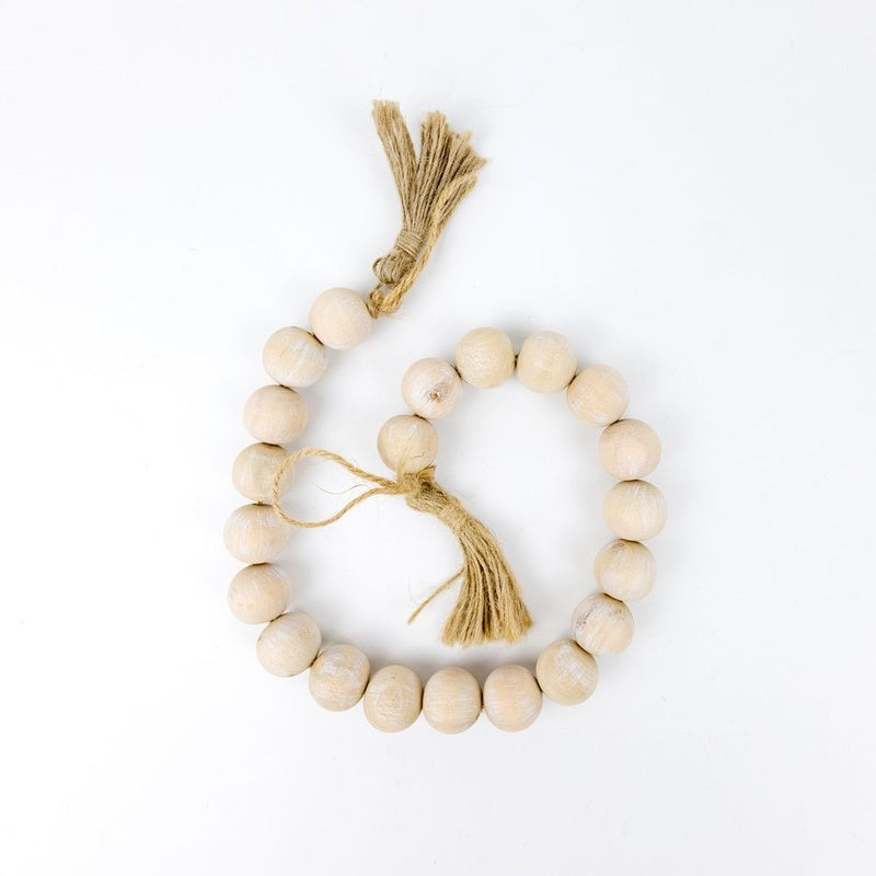 24" X 1" Bamboo Wood Bead Garland With Tassels, Natural/White