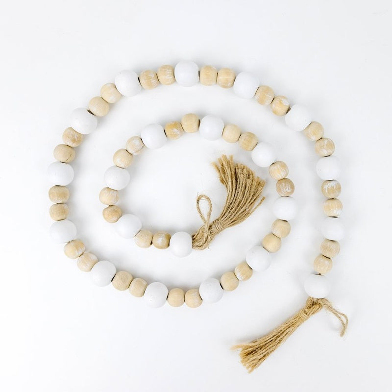36" X 1" Bamboo Wood Bead Garland With Tassels, Natural/White