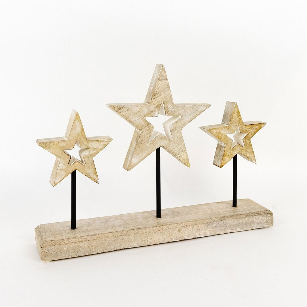 12.5" Mango Wood Stars Cutout on Stand - Natural White