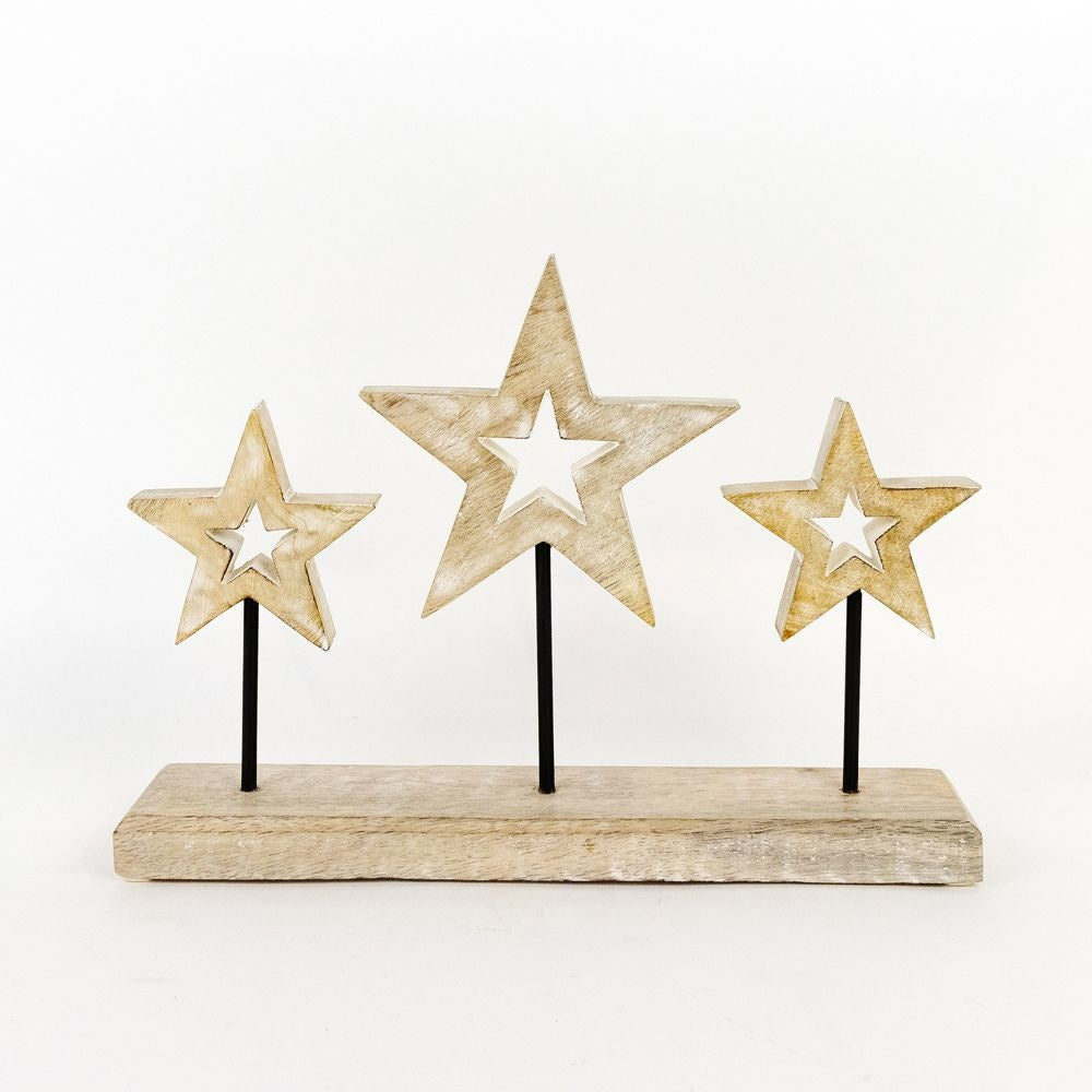 13" X 9" X 2.5" Mango Wood Cutout On Stand (Stars) Natural/White