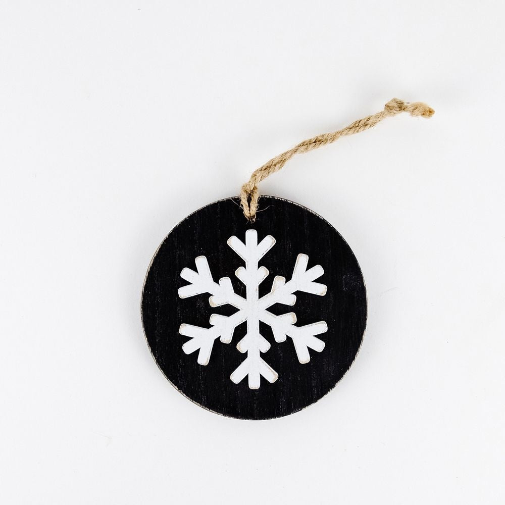 4" Double-Sided Wood Ornament - Snowflake | Black and White