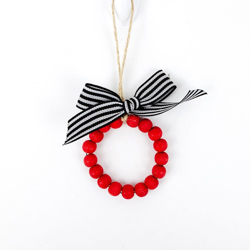 3.5" X 3.5" X .5" Wood Ornament With Beads (Wreath) Red/Black/White