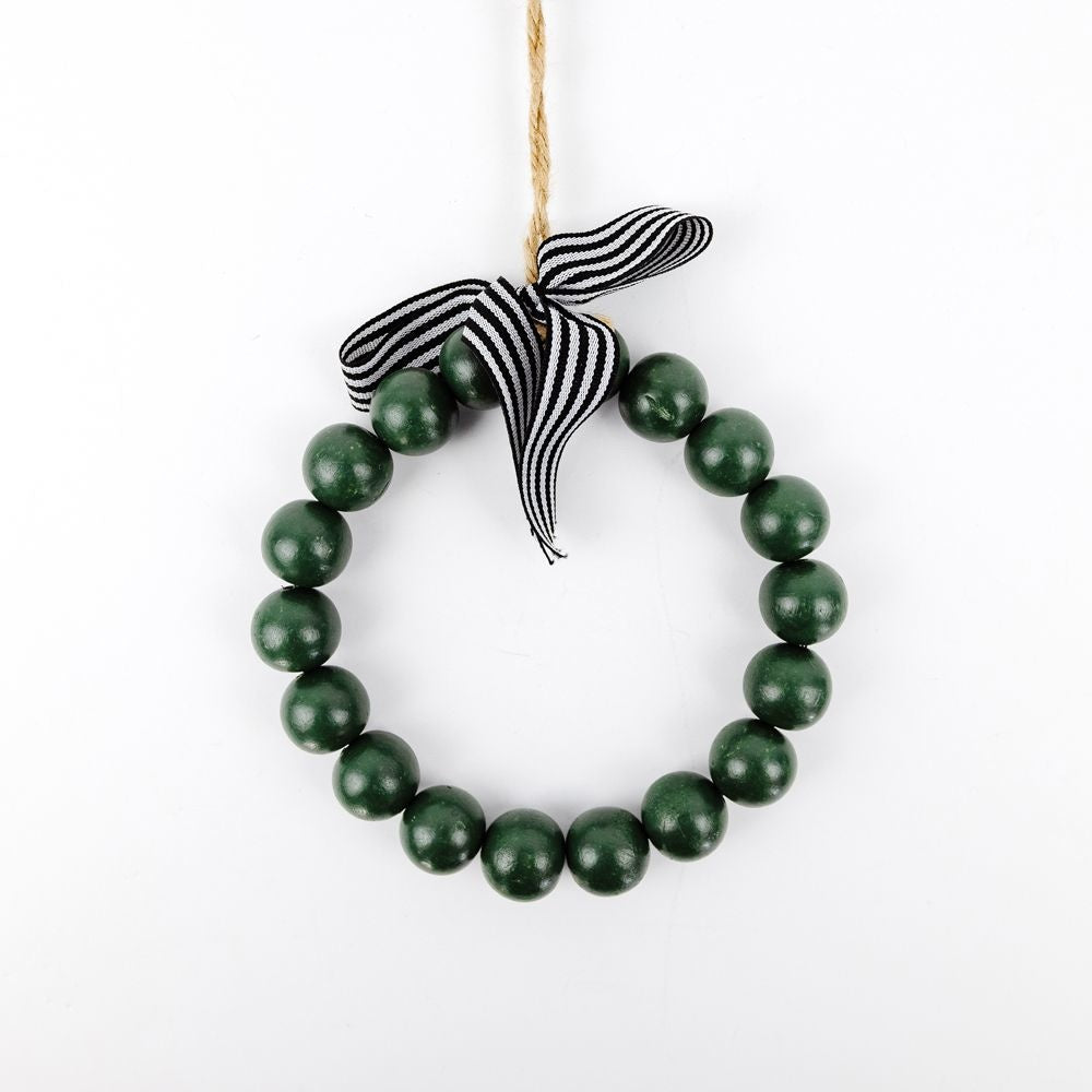 7" X 7" X 1" Wood Ornament With Beads (Wreath) Green/Black/White