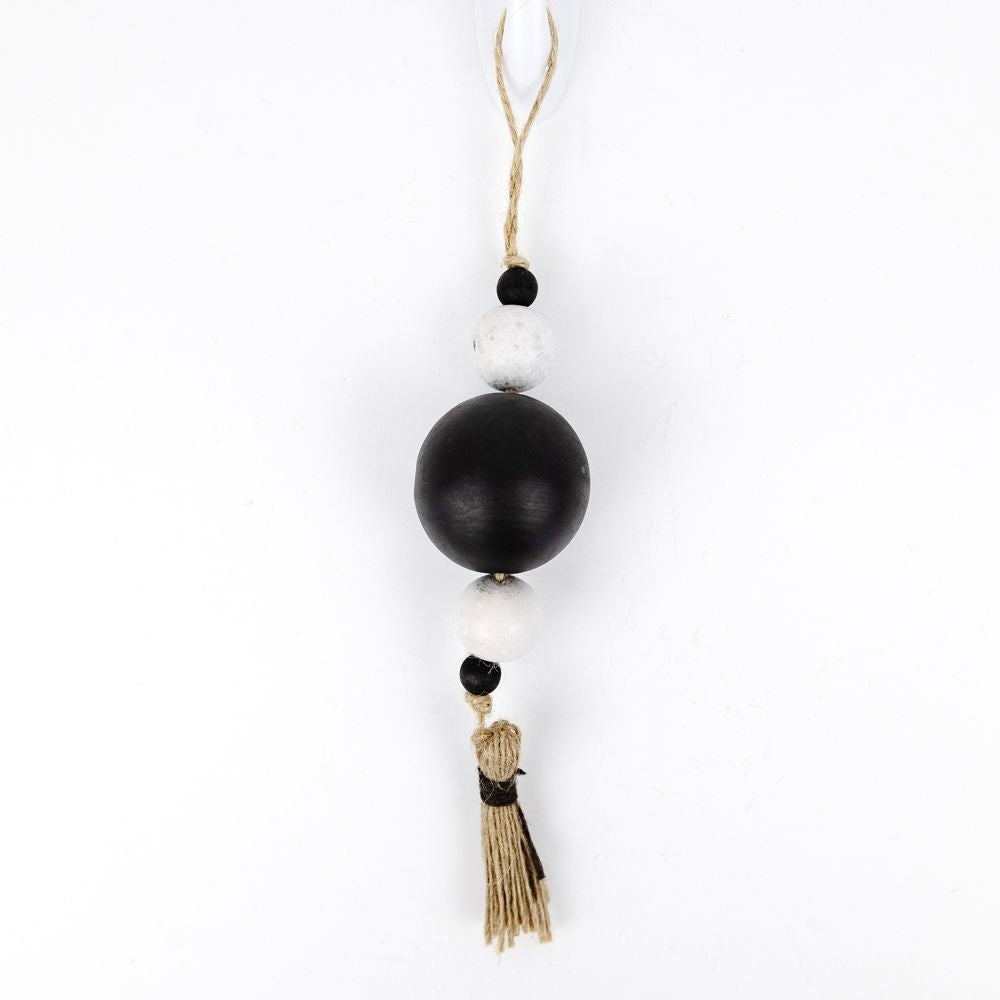2" X 8" X 2" Wood Ornament With Tassel (Beads) White/Black