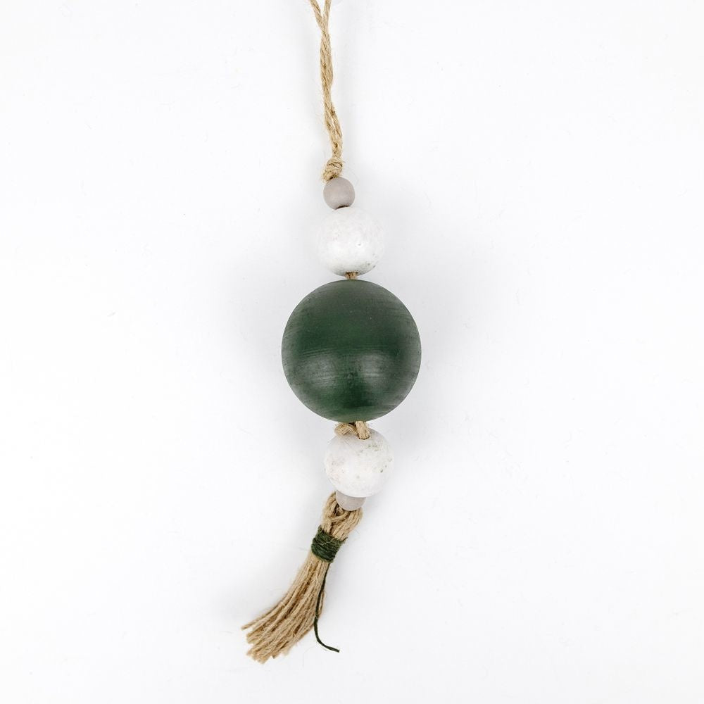 2" X 8" X 2" Wood Ornament With Tassel (Beads) White/Green/Gray