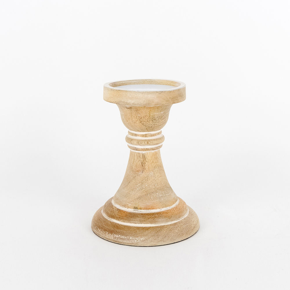 6" Mango Wood Candle Holder - White Washed