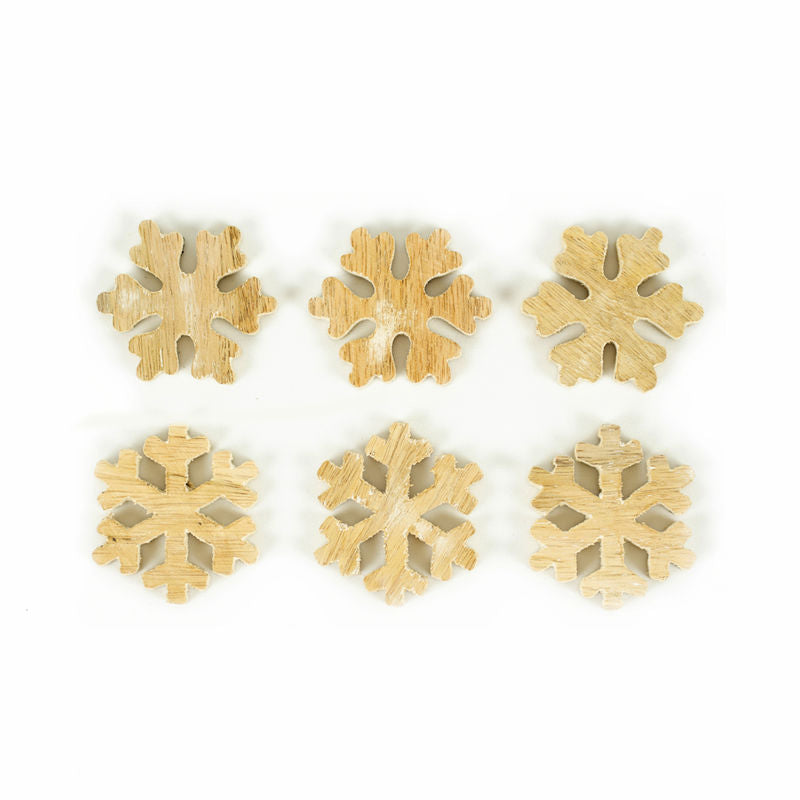 2" X 2" X .25" Mango Wood Shapes Set Of 6 (Snowflake) Natural/White