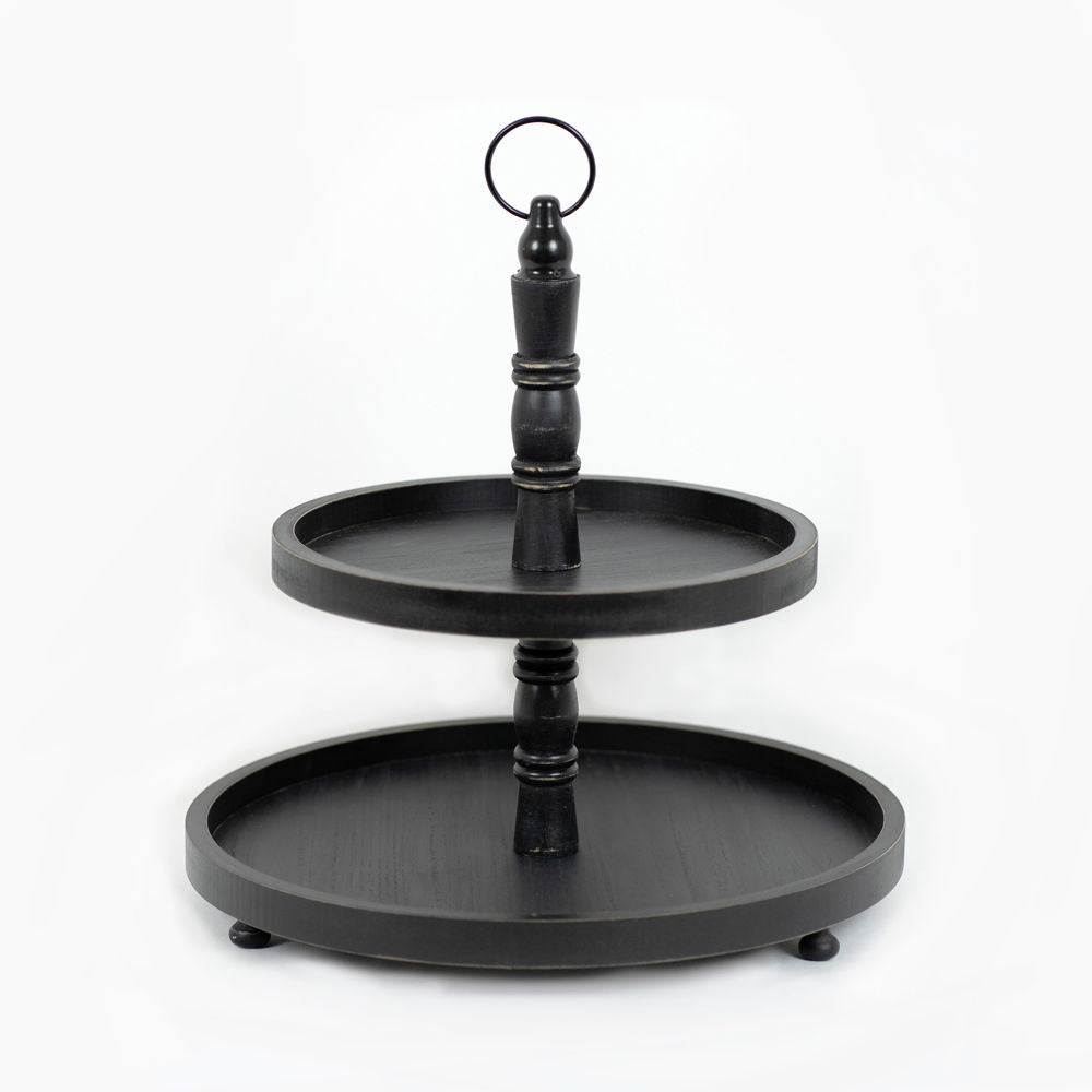 15.5" X 18" X 15.5" Two Tiered Wood Tray, Black