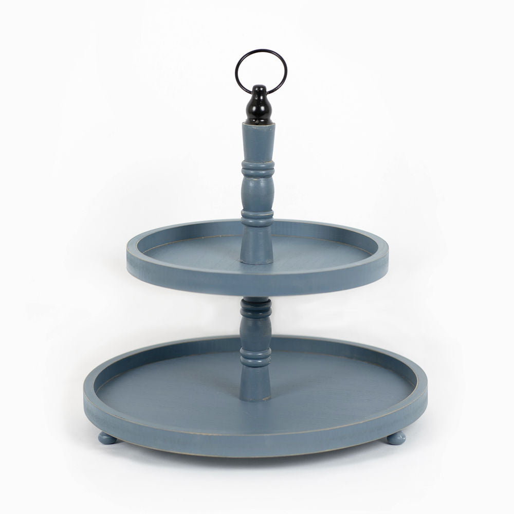 15.5" X 18" X 15.5" Two Tiered Wood Tray, Blue/Black