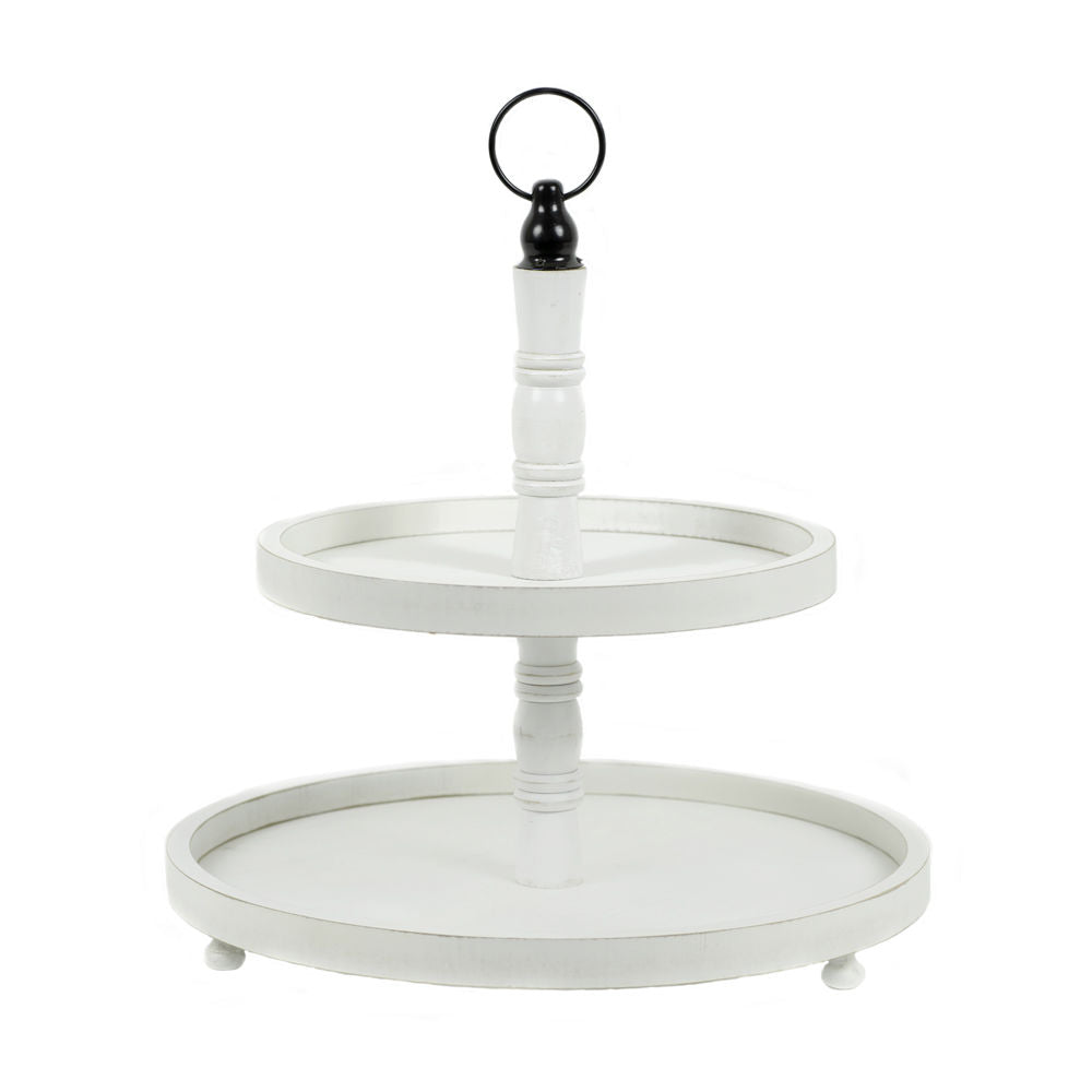 15.5" X 18" X 15.5" Two Tiered Wood Tray, White/Black