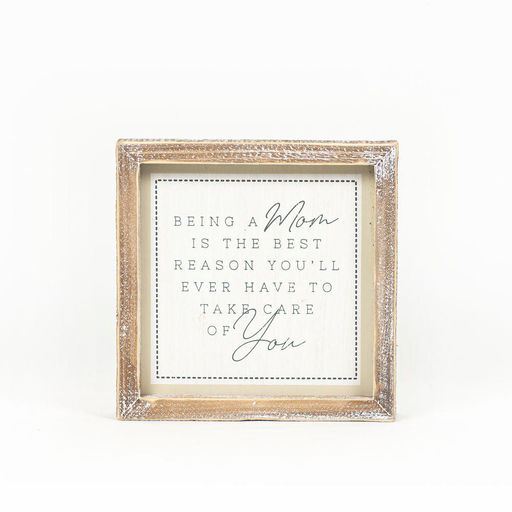 7" Reversible Wood Framed Sign - Tired and Care | White, Grey and Tan