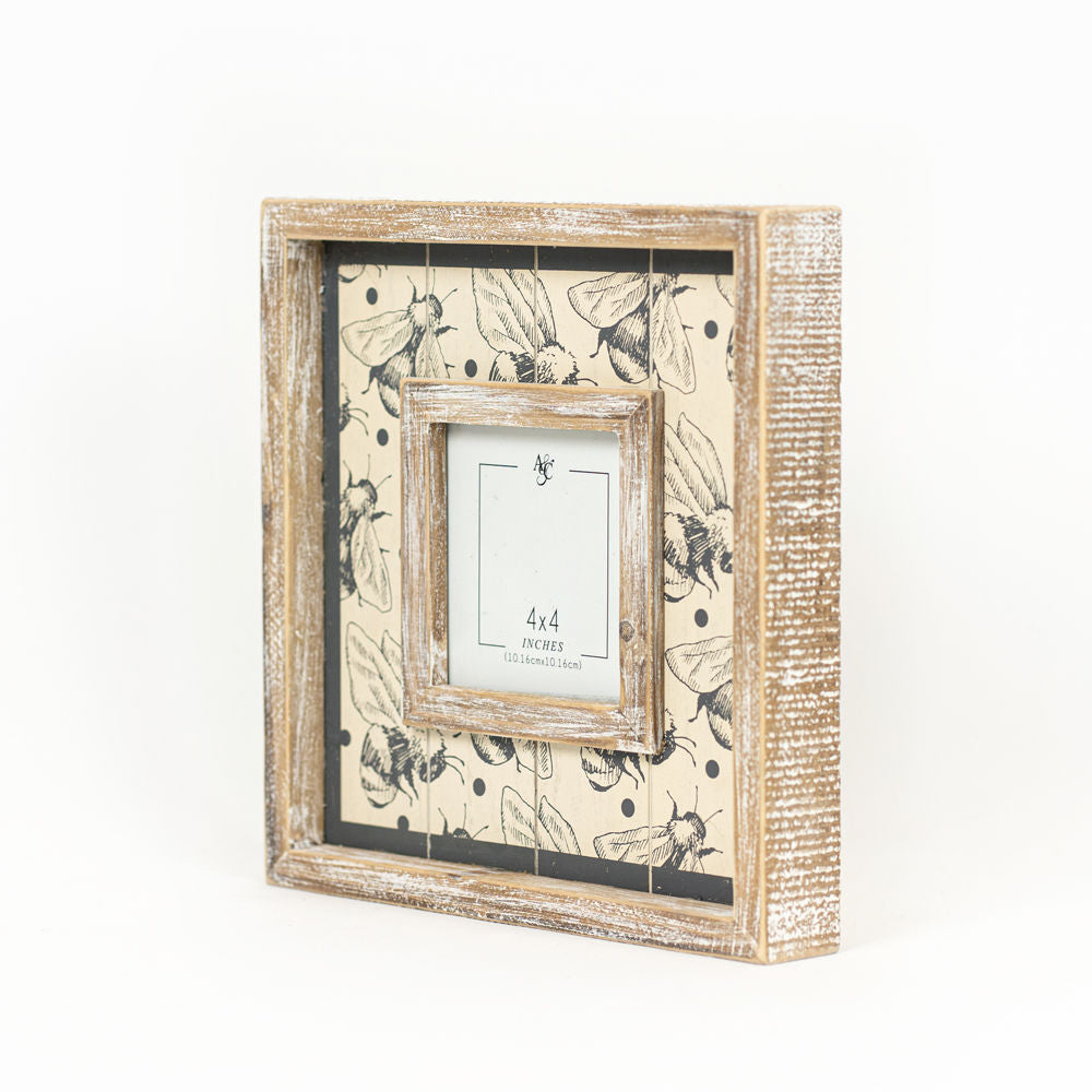 10" Wood Photo Frame - Bee | Gray and Tan | Holds 4x4 Photo