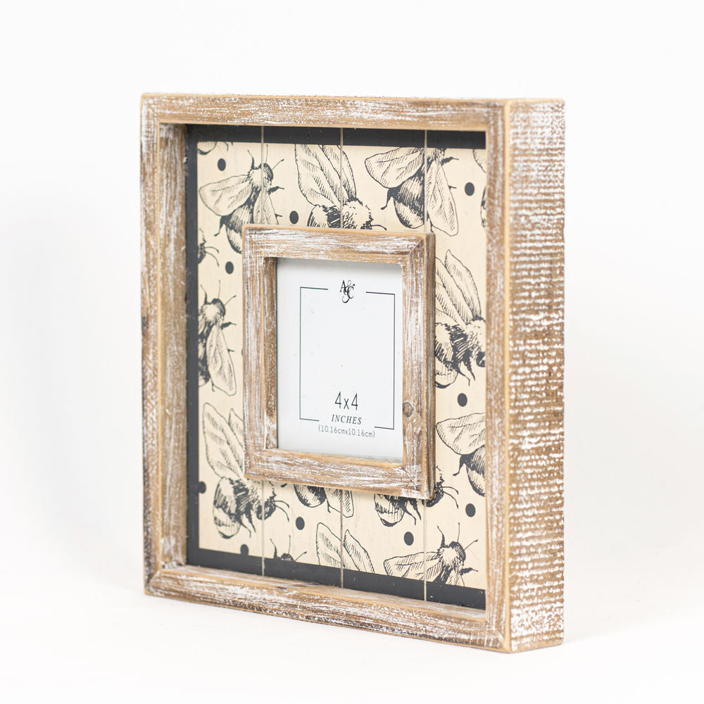 10" Wood Photo Frame - Bee | Gray and Tan | Holds 4x4 Photo