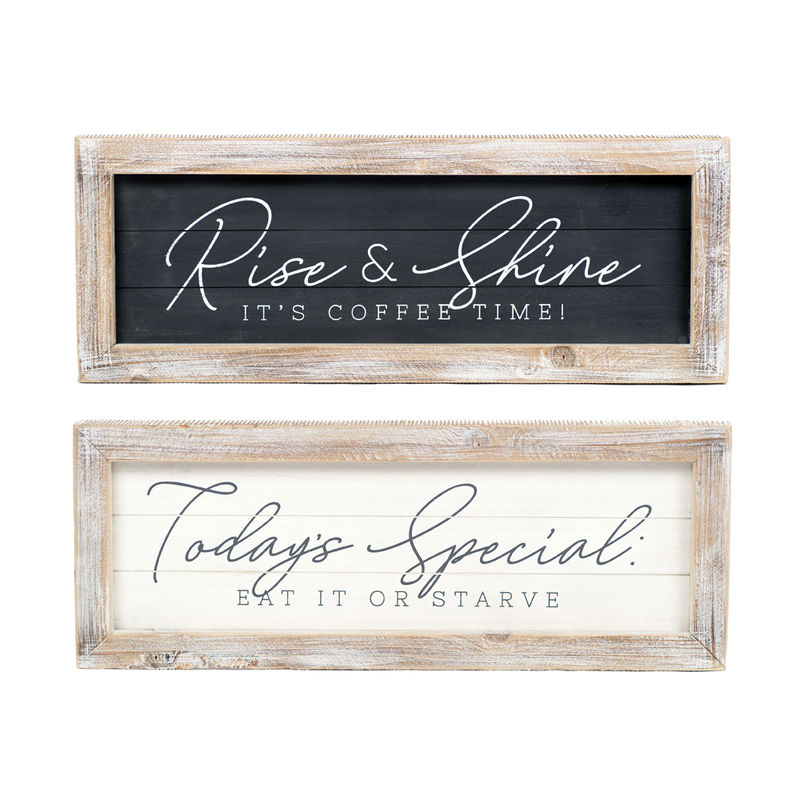 24" x 9" x 2" Reversible Wood Framed Sign (Rise & Shine. It's Coffee.../Today's Special. Eat It Or...) White/Grey/Tan