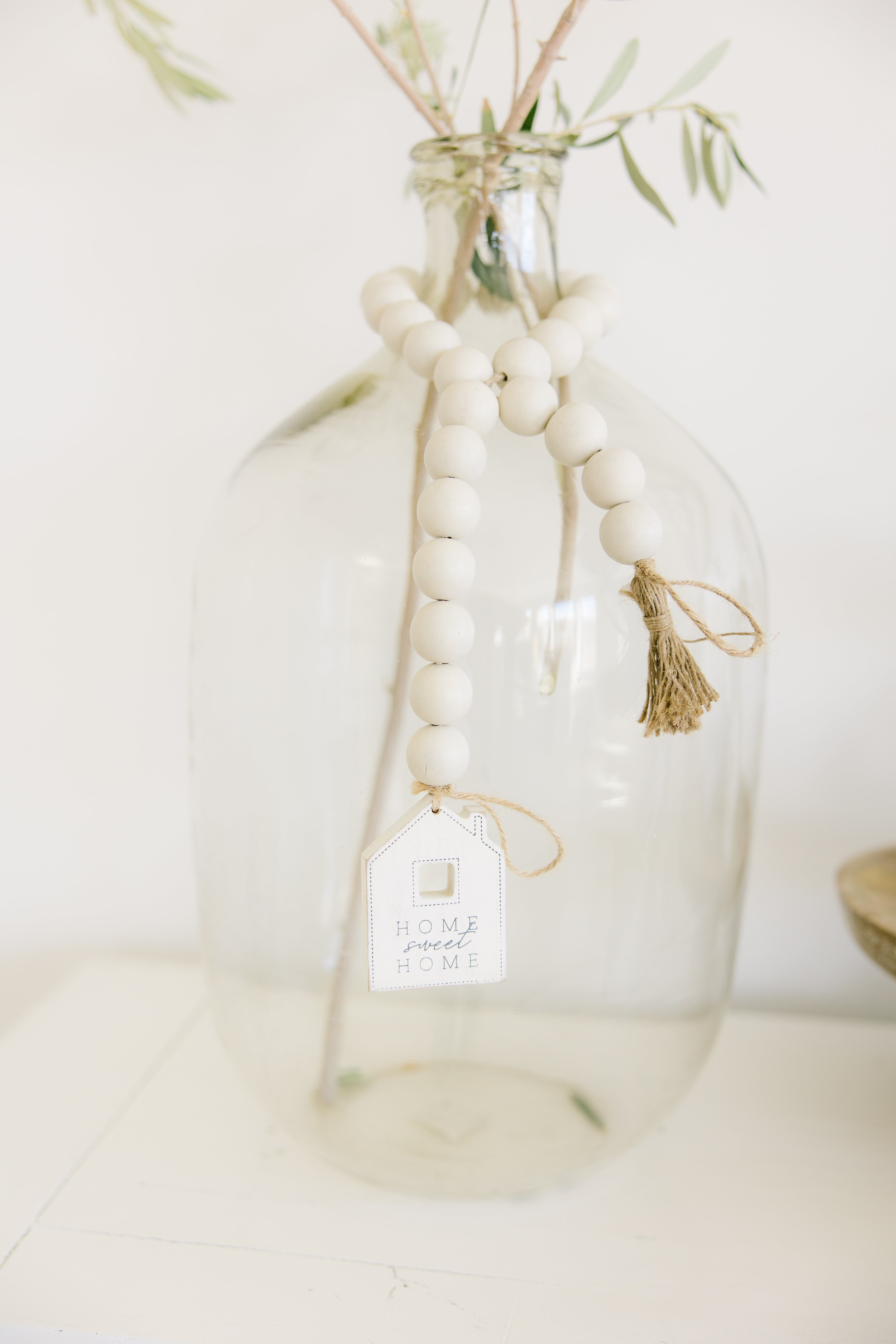 26" Wood Bead Garland - House | Tan, White and Gray