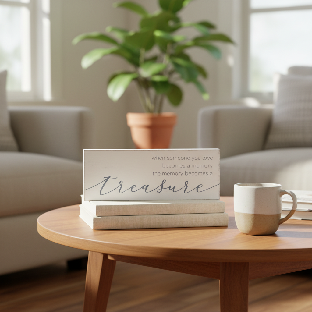 8" x 3" Wood Hanging Sign - Memory Becomes A Treasure | White and Gray | Remember When Collection