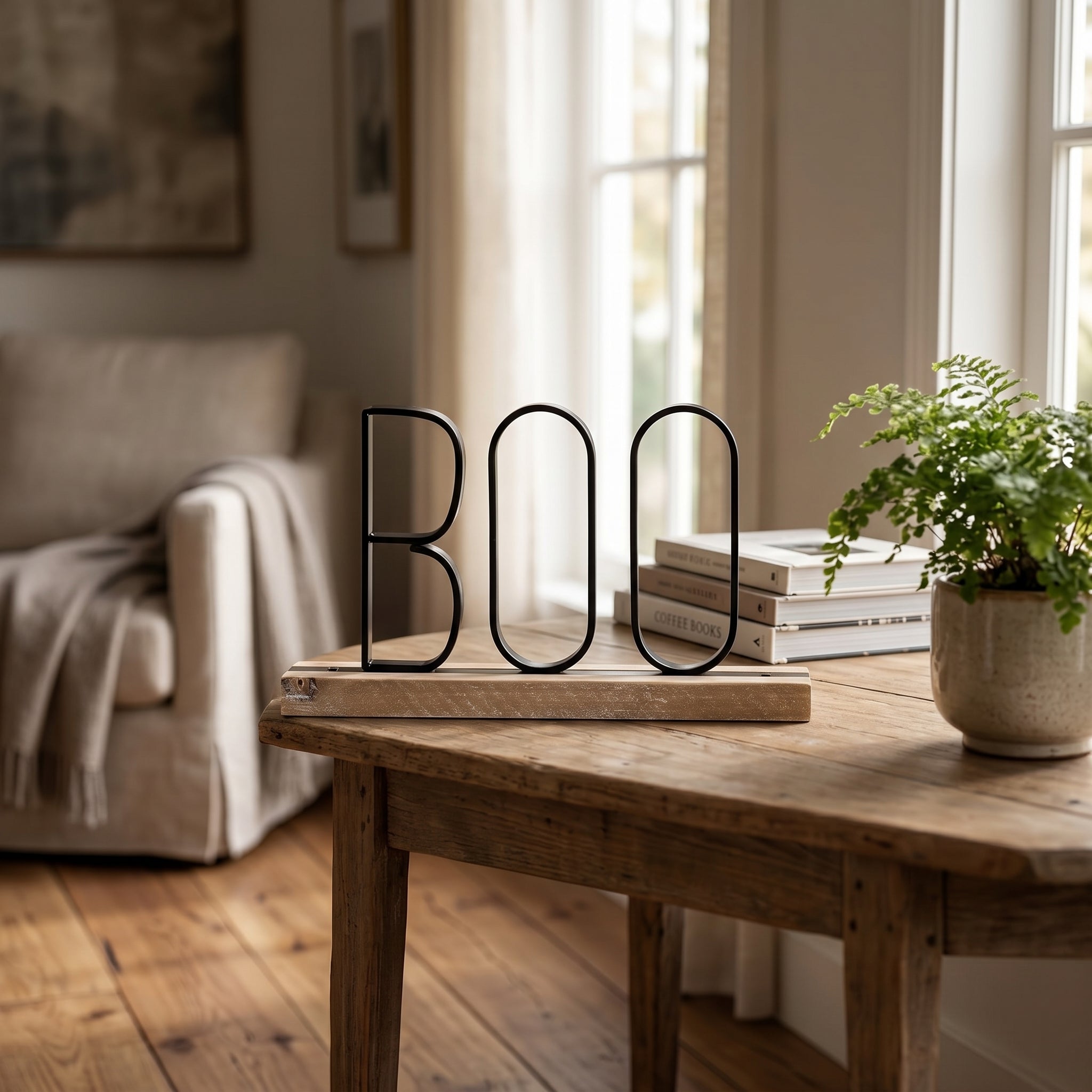 8" x 5" Wood Table Sitter - Boo | Natural and Black