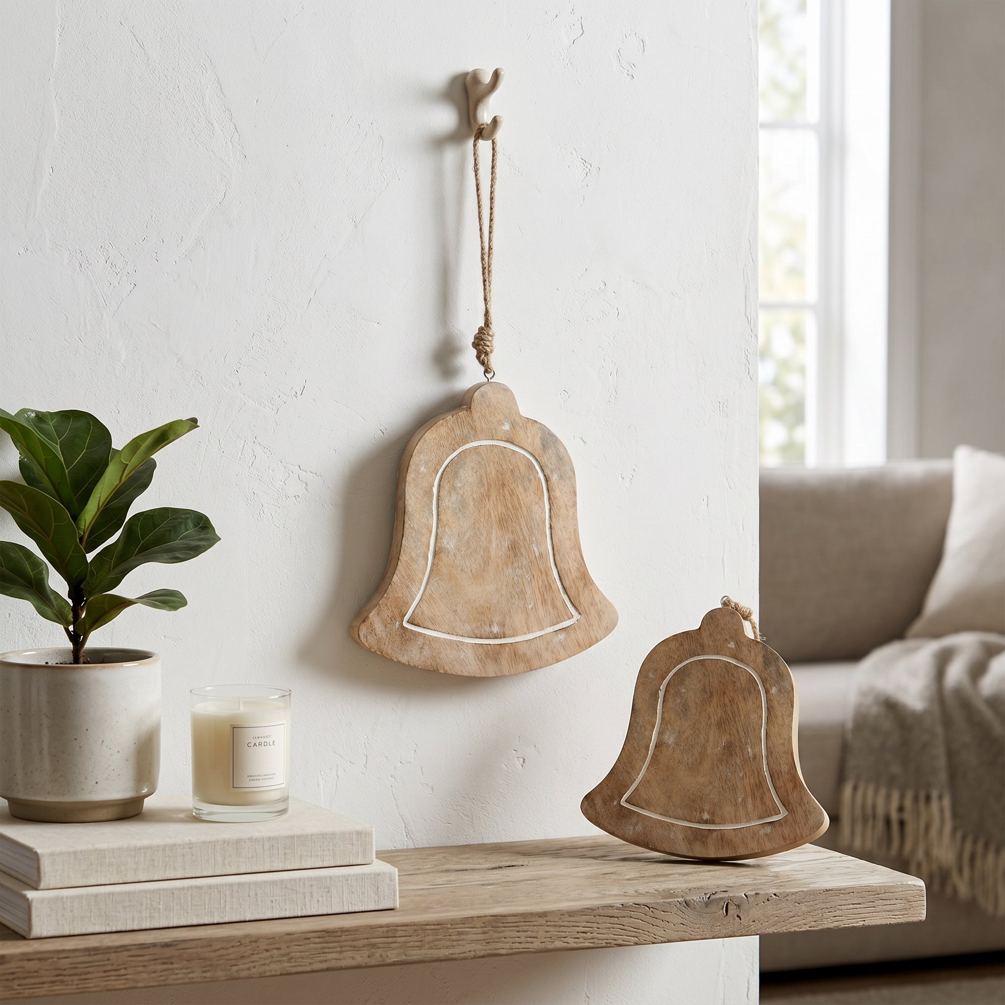 8" Mango Wood Ornament - Bell | Natural White