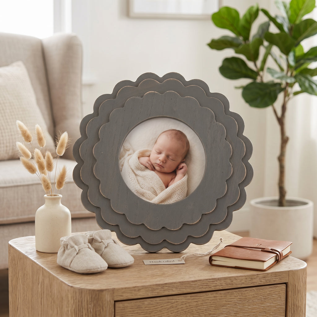 8" Round Wood Scallop Photo Frame - Gray | Scallop Collection | Holds 4x4 Photo