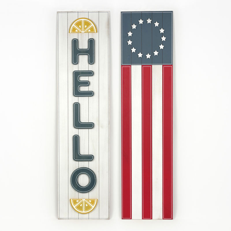 12" X 47" X 1" Reversible Wood Sign (Flag/Hello) Multicolor