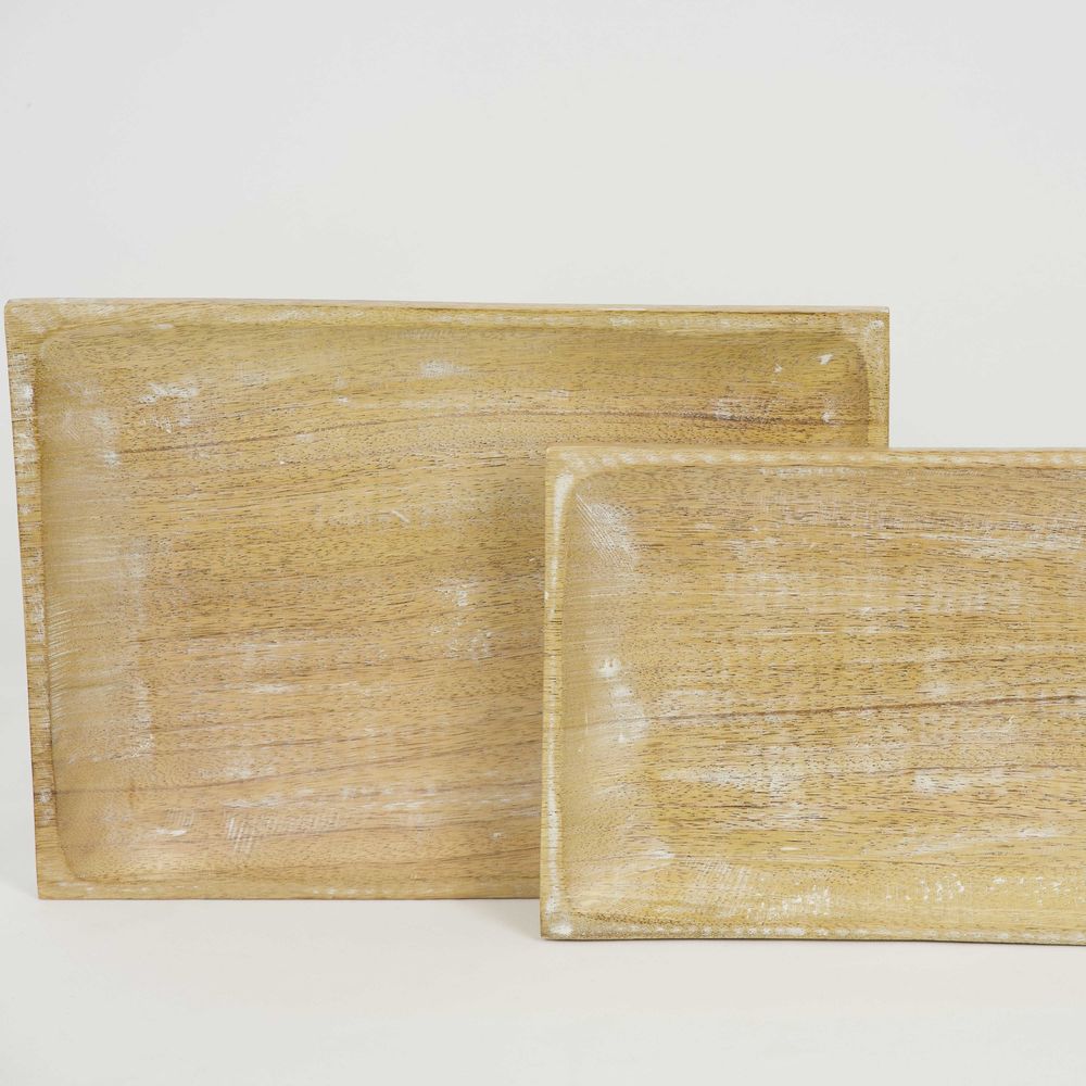 Mango Wood Platter Set - Natural and White (Set of 2) | 14x10 & 12x8