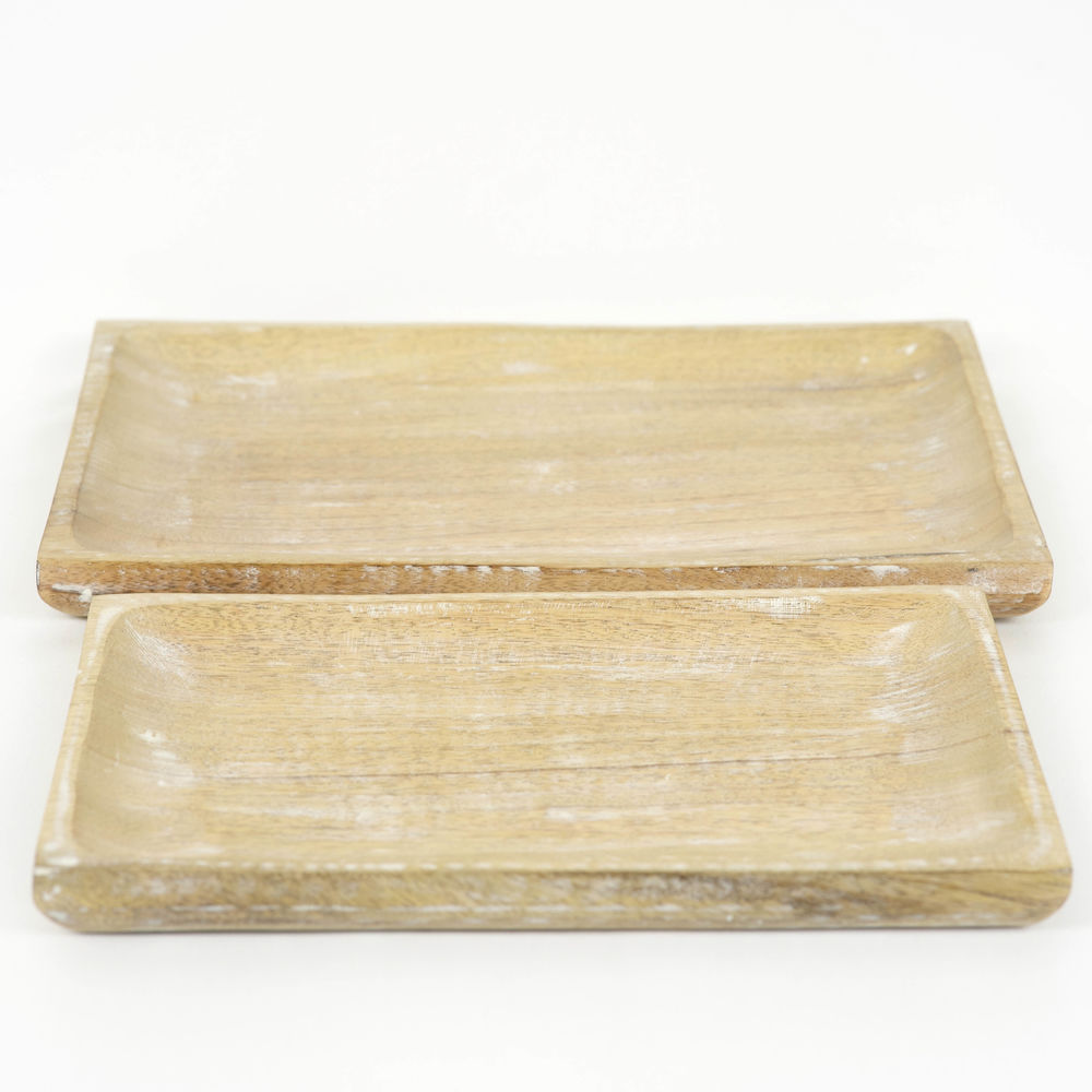 Mango Wood Platter Set - Natural and White (Set of 2) | 14x10 & 12x8