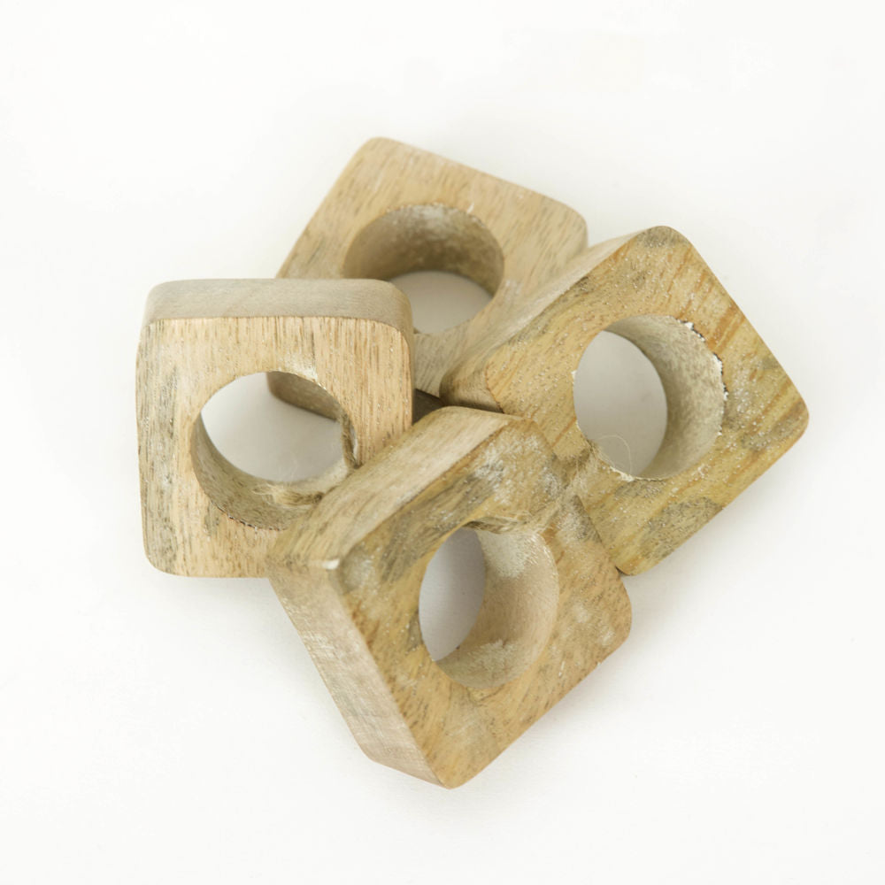 3" Mango Wood Square Napkin Rings - Natural (Set of 4)