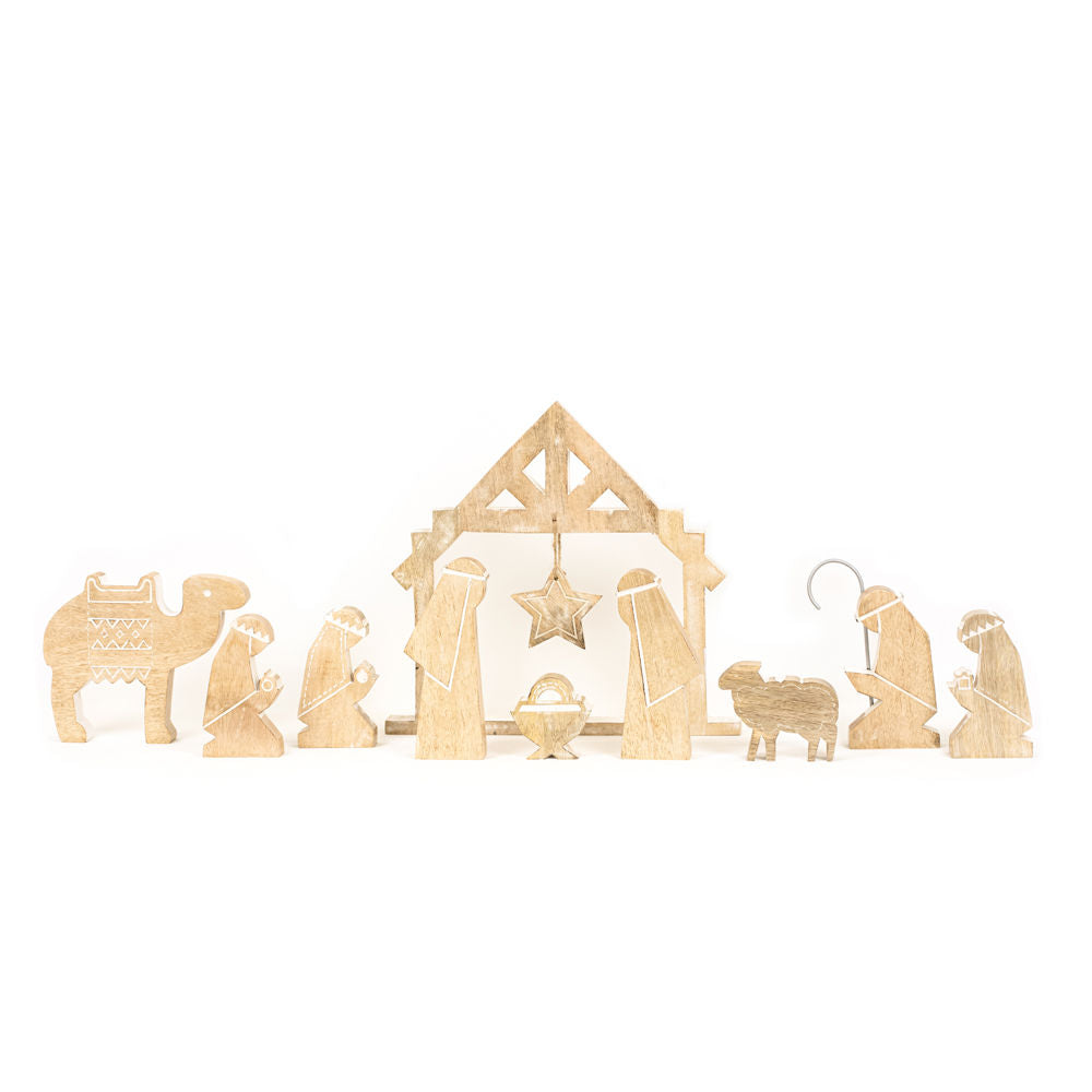 53.75" X 14" X 1.5" Mango Wood Cutout Set of 10 (Nativity) Natural/White